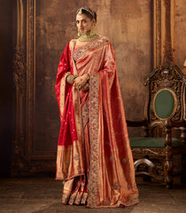Red Woven Blended Satin Saree With Heavy Zardozi  & Hand Diamond and Kundan Work-EN2148