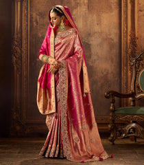 Pink Woven Blended Satin Saree With Heavy Zardozi  & Hand Diamond and Kundan Work-EN2149