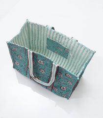 Cyan Bagru Printed Handmade Cotton Quilted Tote Bag-ACS1025