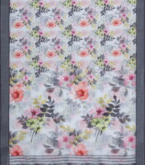 White Printed Synthetic Linen Saree With Floral Motifs-SY0181