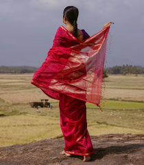 Red Handloom Maheswari Silk Cotton Saree With Zari Checks-SC4164