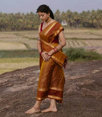 Oil Mustard Handloom Silk Cotton Saree With Zari Stripes-SC4095
