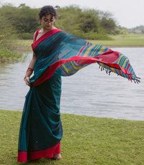 Teal Handloom Bengal Cotton Saree With Contrast Border-BG1867