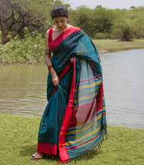 Teal Handloom Bengal Cotton Saree With Contrast Border-BG1867