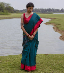 Teal Handloom Bengal Cotton Saree With Contrast Border-BG1867