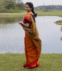 Orange Handloom Bengal Cotton Saree With Diamond Buttas-BG1711