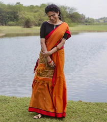 Orange Handloom Bengal Cotton Saree With Diamond Buttas-BG1711