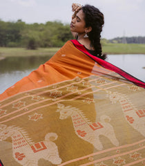 Orange Handloom Bengal Cotton Saree With Diamond Buttas-BG1711