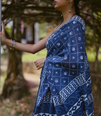 Indigo Printed Jaipur Cotton Saree With Jaal Motifs-JC1574