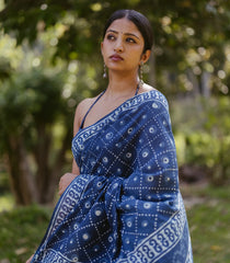 Indigo Printed Jaipur Cotton Saree With Jaal Motifs-JC1574