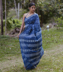 Indigo Printed Jaipur Cotton Saree With Jaal Motifs-JC1574