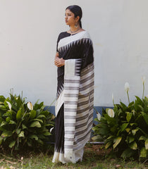 Black Woven Orissa Cotton Saree With Contrast Temple Border-OR0876
