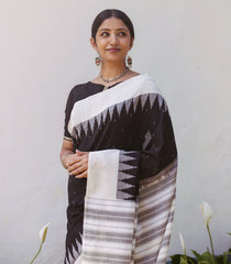 Black Woven Orissa Cotton Saree With Contrast Temple Border-OR0876