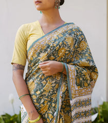 Green Printed Jaipur Cotton Saree With Floral Motifs-JC1575