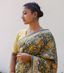 Green Printed Jaipur Cotton Saree With Floral Motifs-JC1575