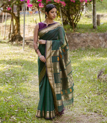 Bottle Green Handloom Kanchi Cotton Saree With Kamalam Buttas-KC1605