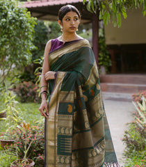 Bottle Green Handloom Kanchi Cotton Saree With Kamalam Buttas-KC1605