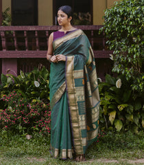 Bottle Green Handloom Kanchi Cotton Saree With Kamalam Buttas-KC1605