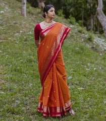 Orange Handloom Kanchi Cotton Saree With Annam Buttas-KC1687