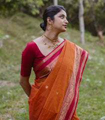 Orange Handloom Kanchi Cotton Saree With Annam Buttas-KC1687