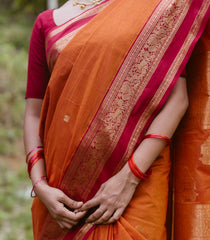 Orange Handloom Kanchi Cotton Saree With Annam Buttas-KC1687