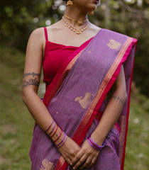 Lilac Handloom Kanchi Cotton Saree With Buttas & Contrast Border-KC1765