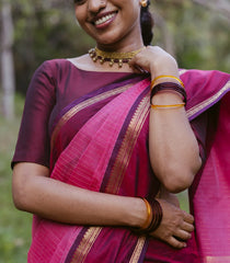 BubbleGum Pink Handloom Kanchi Cotton Saree With Stripes & Contrast Border-KC1754
