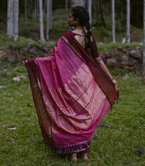 BubbleGum Pink Handloom Kanchi Cotton Saree With Stripes & Contrast Border-KC1754