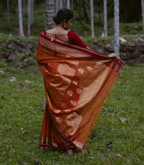 Orange Handloom Kanchi Cotton Saree With Annam Buttas-KC1687