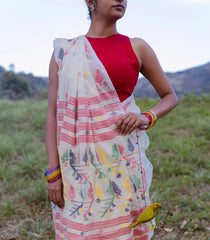 Off White Handloom Bengal Cotton Saree With Meena Buttas-BG1872
