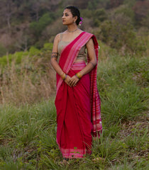 Pink Handloom Bhujodi Cotton Saree With Stripes-CC1357