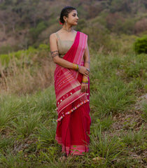Pink Handloom Bhujodi Cotton Saree With Stripes-CC1357
