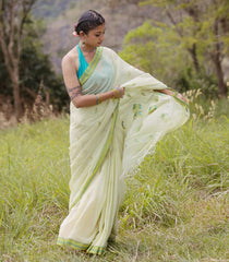 Light Green Handloom Bengal Cotton Saree With Parrot Buttas-BG1698