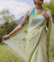 Light Green Handloom Bengal Cotton Saree With Parrot Buttas-BG1698