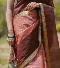 Peach Handloom Muppagam Kanchi Cotton Saree With Checks-KC1763