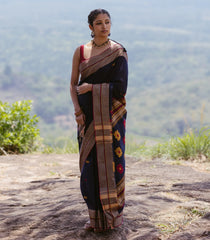 Black Handloom Bengal Cotton Saree With Floral Buttas-BG1675