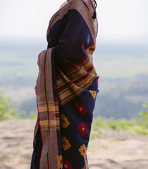 Black Handloom Bengal Cotton Saree With Floral Buttas-BG1675