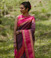Lilac Handloom Silk Cotton Saree With Buttas & Contrast Border-SC4103