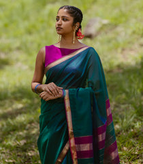 Teal Handloom Maheswari Silk Cotton Saree With Contrast Border-SC4116