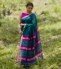 Teal Handloom Maheswari Silk Cotton Saree With Contrast Border-SC4116