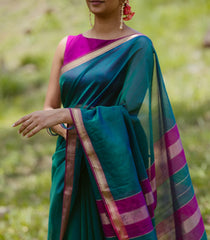 Teal Handloom Maheswari Silk Cotton Saree With Contrast Border-SC4116