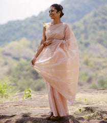 Light Peach Handloom Kanchi Cotton Saree With Checks-KC1764