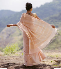 Light Peach Handloom Kanchi Cotton Saree With Checks-KC1764