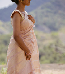 Light Peach Handloom Kanchi Cotton Saree With Checks-KC1764