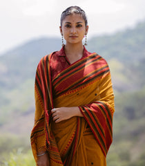 Oil Mustard Handloom Bengal Cotton Saree With Floral Buttas-BG1685