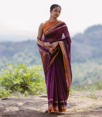 Dark Magenta Handloom Silk Cotton Saree With Buttas & Contrast Border-SC4104