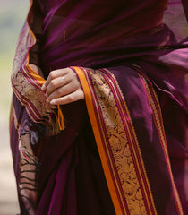 Dark Magenta Handloom Silk Cotton Saree With Buttas & Contrast Border-SC4104