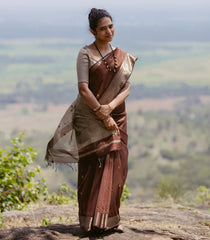 Brown Handloom Maheswari Silk Cotton Saree With Buttas-SC4162