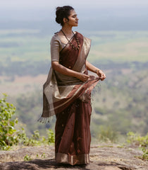 Brown Handloom Maheswari Silk Cotton Saree With Buttas-SC4162