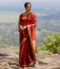 Red Handloom Silk Cotton Saree With Zari Border-SC4111
